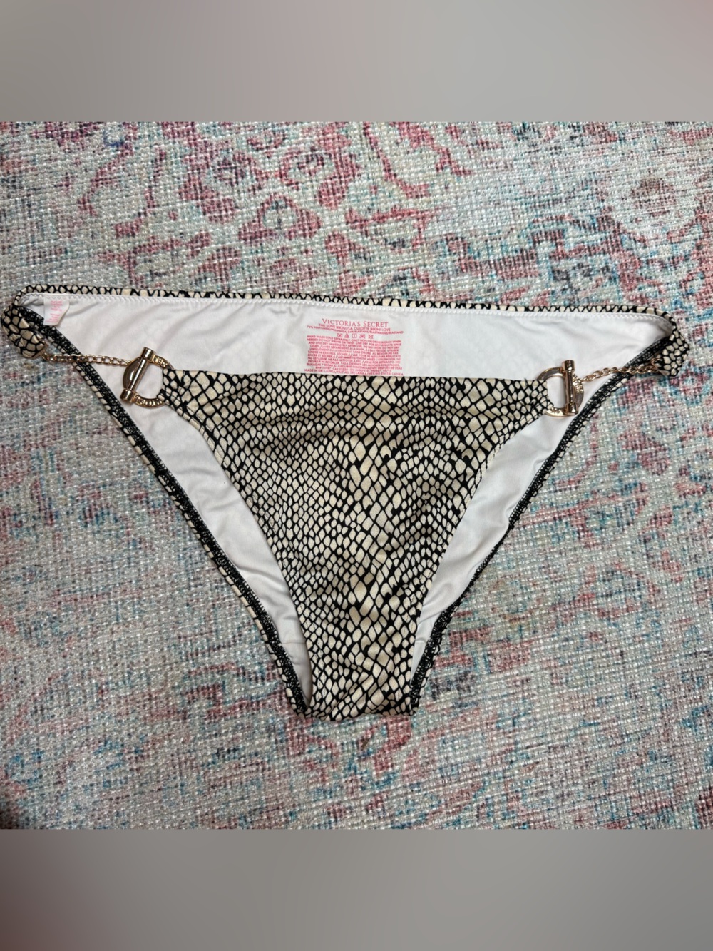 Victoria's Secret Black and Cream Snake Print Bikini Bottom with Gold Accents
